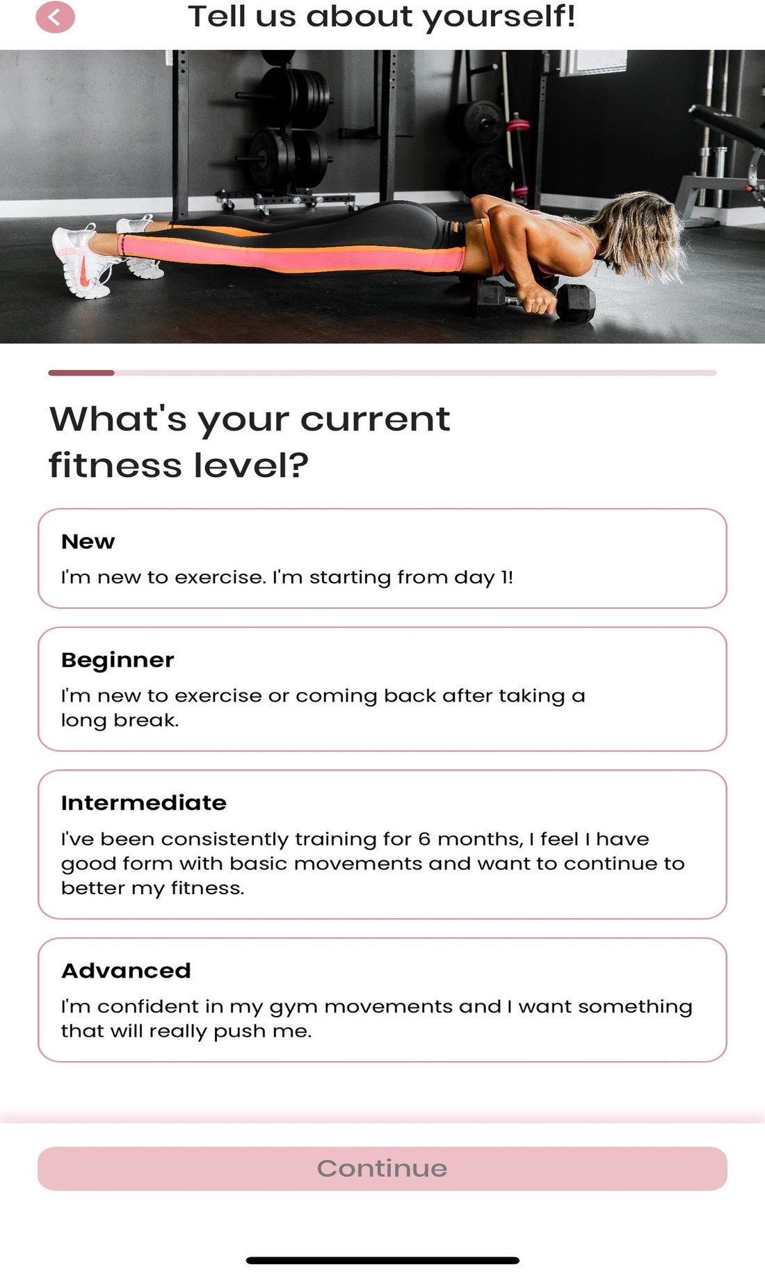 Mamele app onboarding asking your current fitness level, from new to advanced