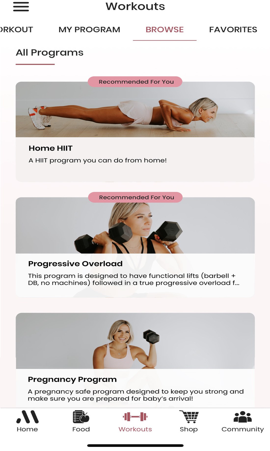 Mamele app workouts screen showing Home HIIT, Progressive Overload, and Pregnancy programs