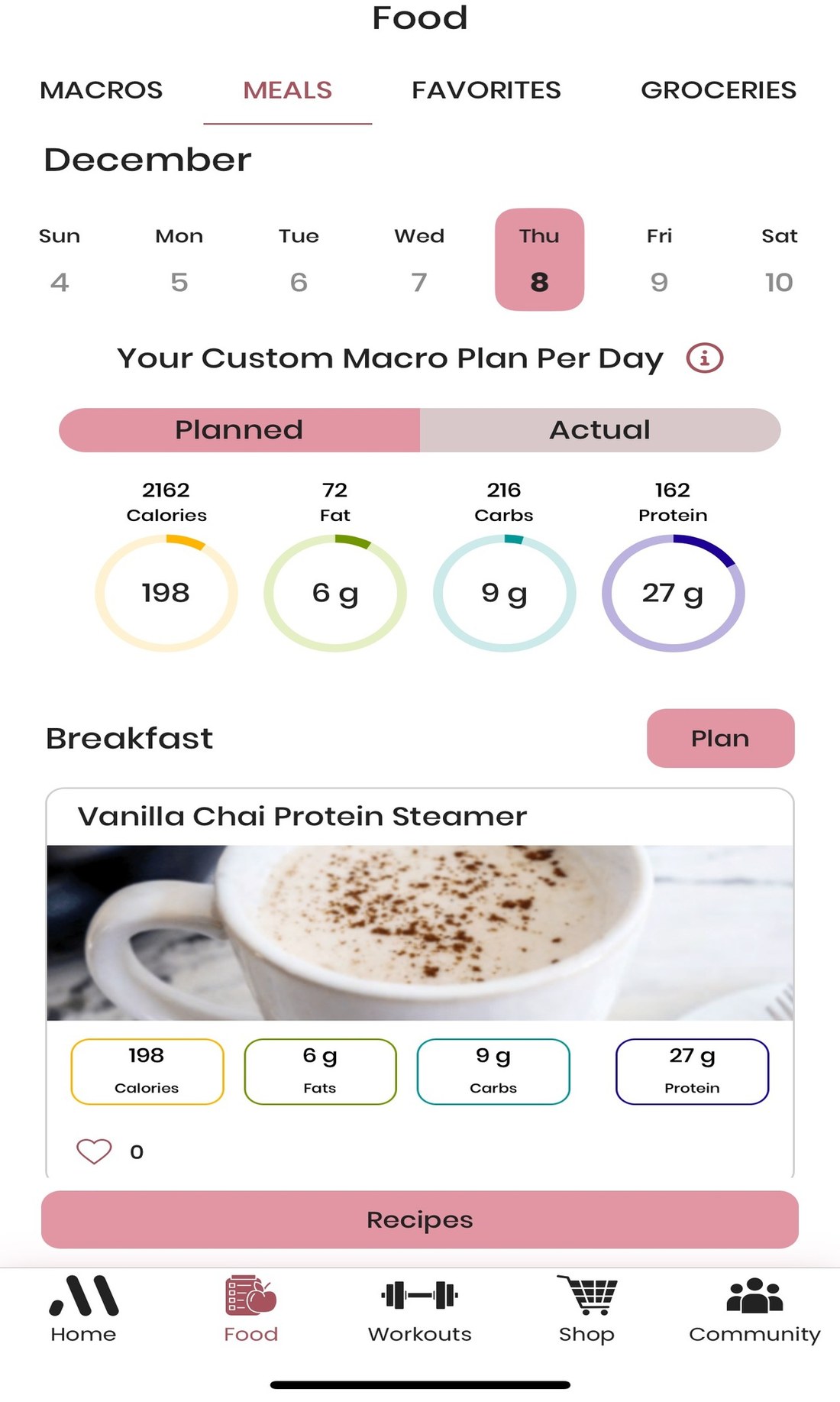 Mamele app food screen showing a custom daily macro plan with planned and actual tracking