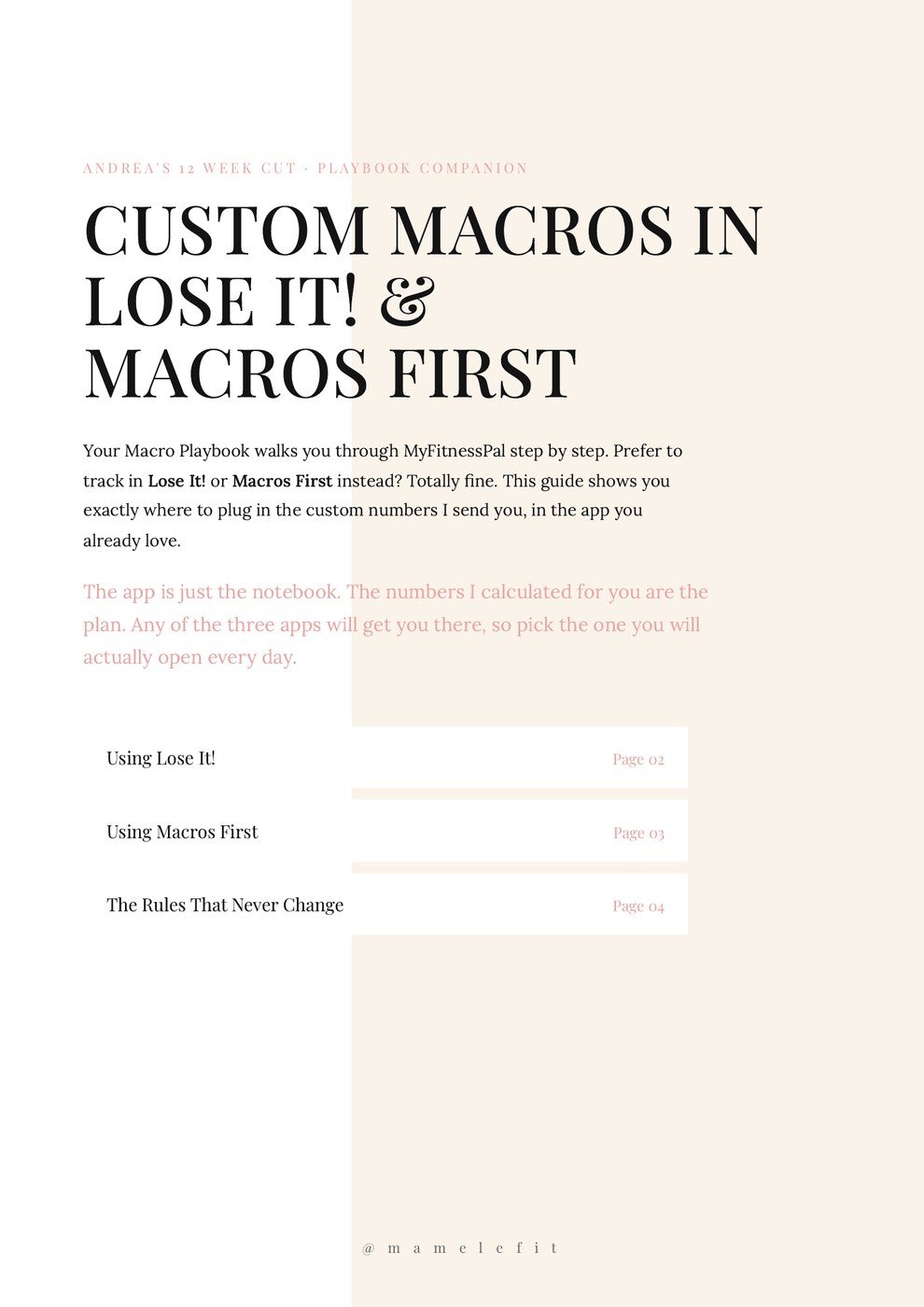 The opening page of the Playbook companion guide, Custom Macros in Lose It and Macros First.